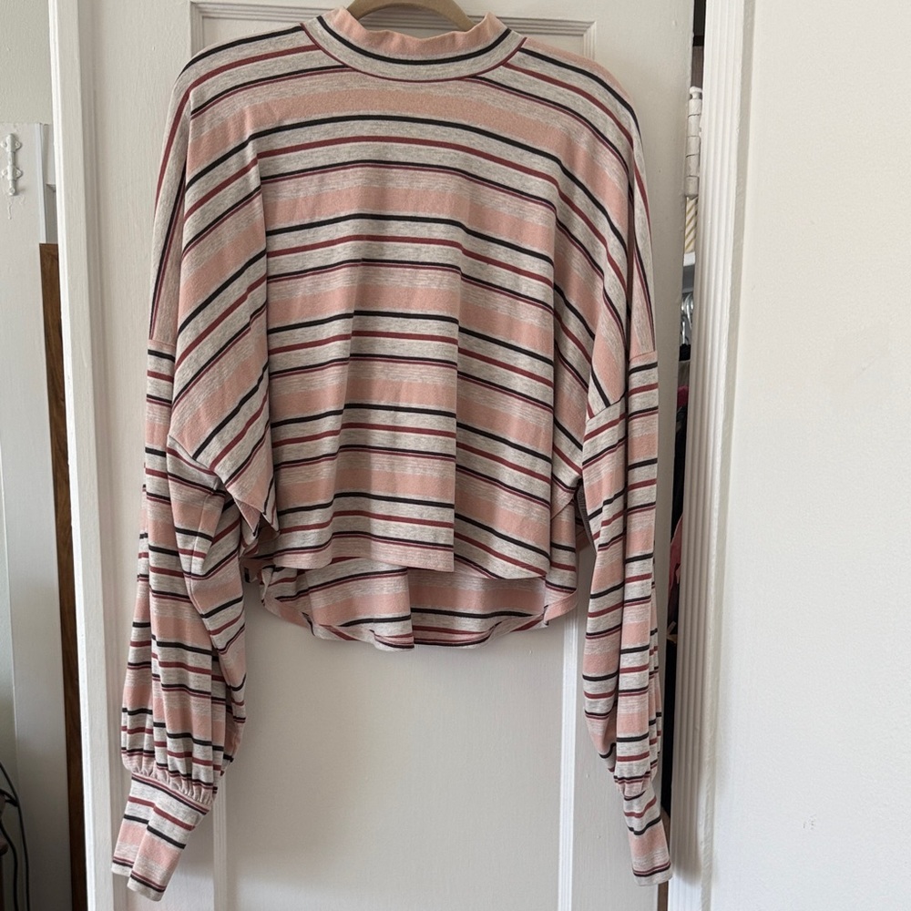 Free People Pink and Black Striped Loose Turtleneck Oversized Sweatshirt Sweater